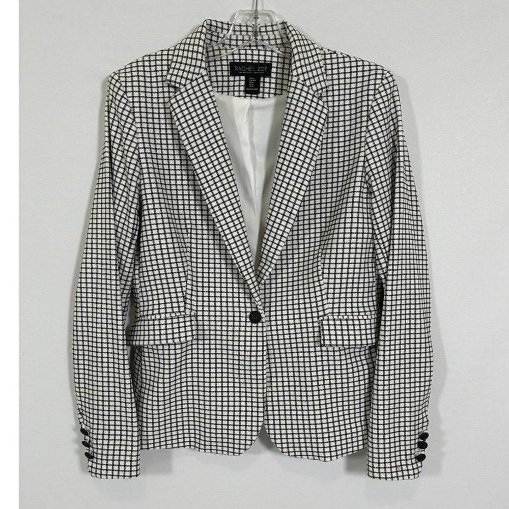 Rachel Zoe Womens M Black White Windowpane Plaid Single Button Blazer Jacket